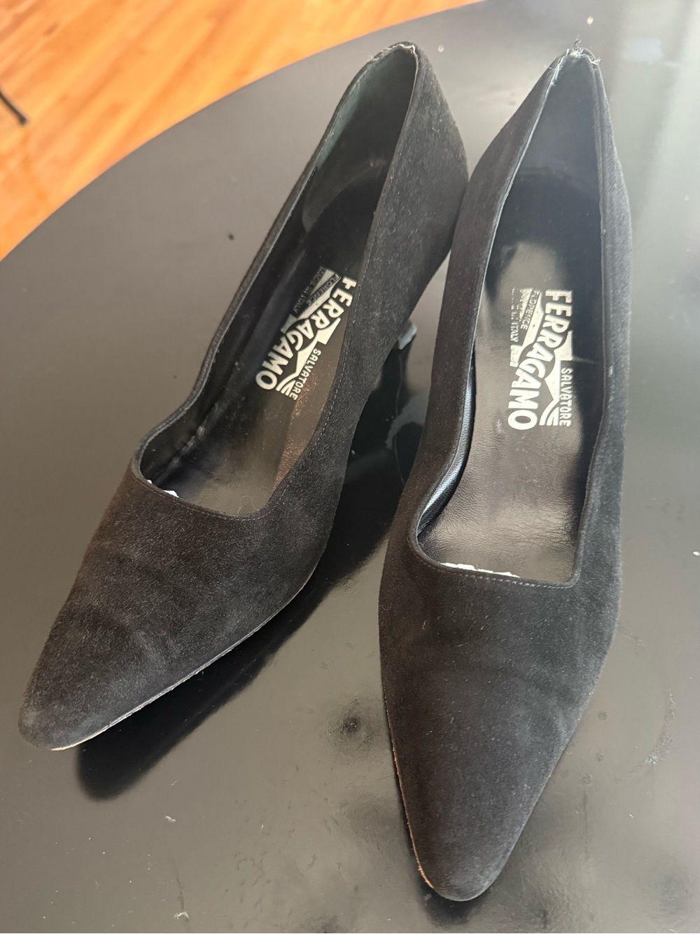 Salvatore Ferragamo Black Suede Pointed-Toe kitten heel Pumps